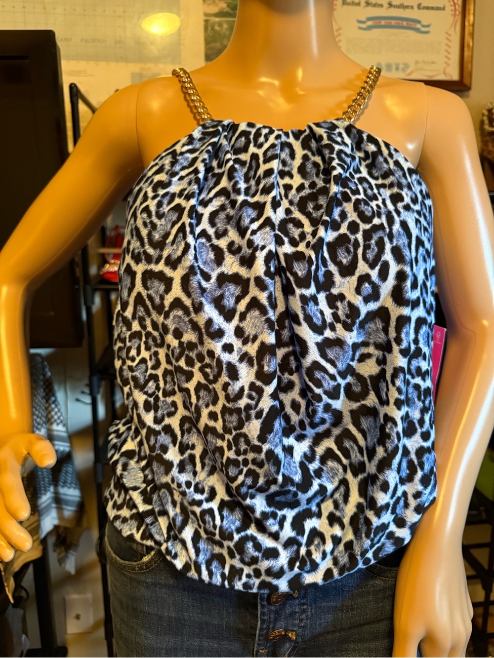 LILLY PULITZER  Black & White Leopard Print Halter Top With Gold Chain Straps.